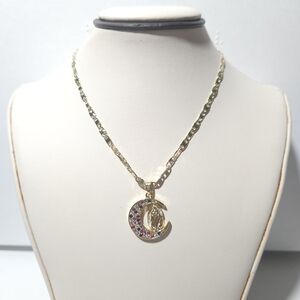 Gold Crescent Moon Pendant Necklace Virgen De Guadalupe
